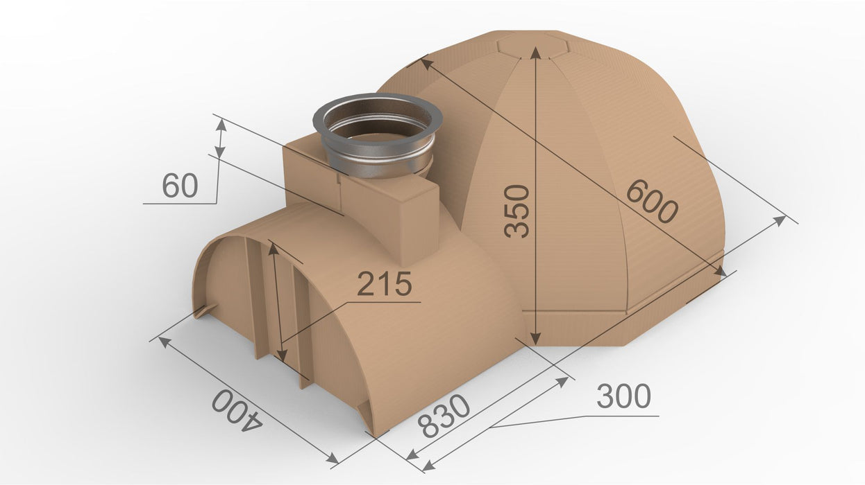 600mm Cardboard Oven Mould - with arch bricks, vent former and SS flue starter ring